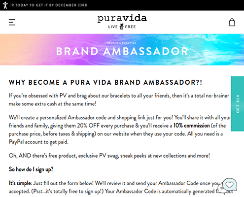 The ambassador application of the pura vida brand